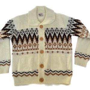 Vintage Silton California Sweater Cardigan Cream Brown Size Large ZigZag Pattern